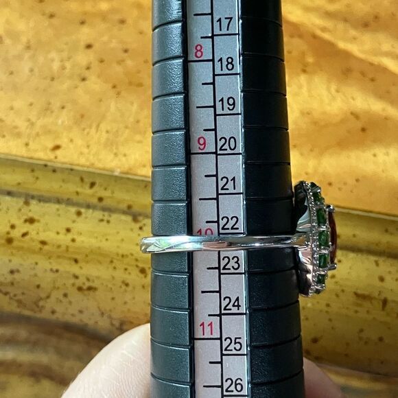 Natural Red Garnet Chrome Diopside Sterling Silver Halo Ring Size 10 - Picture 6 of 8